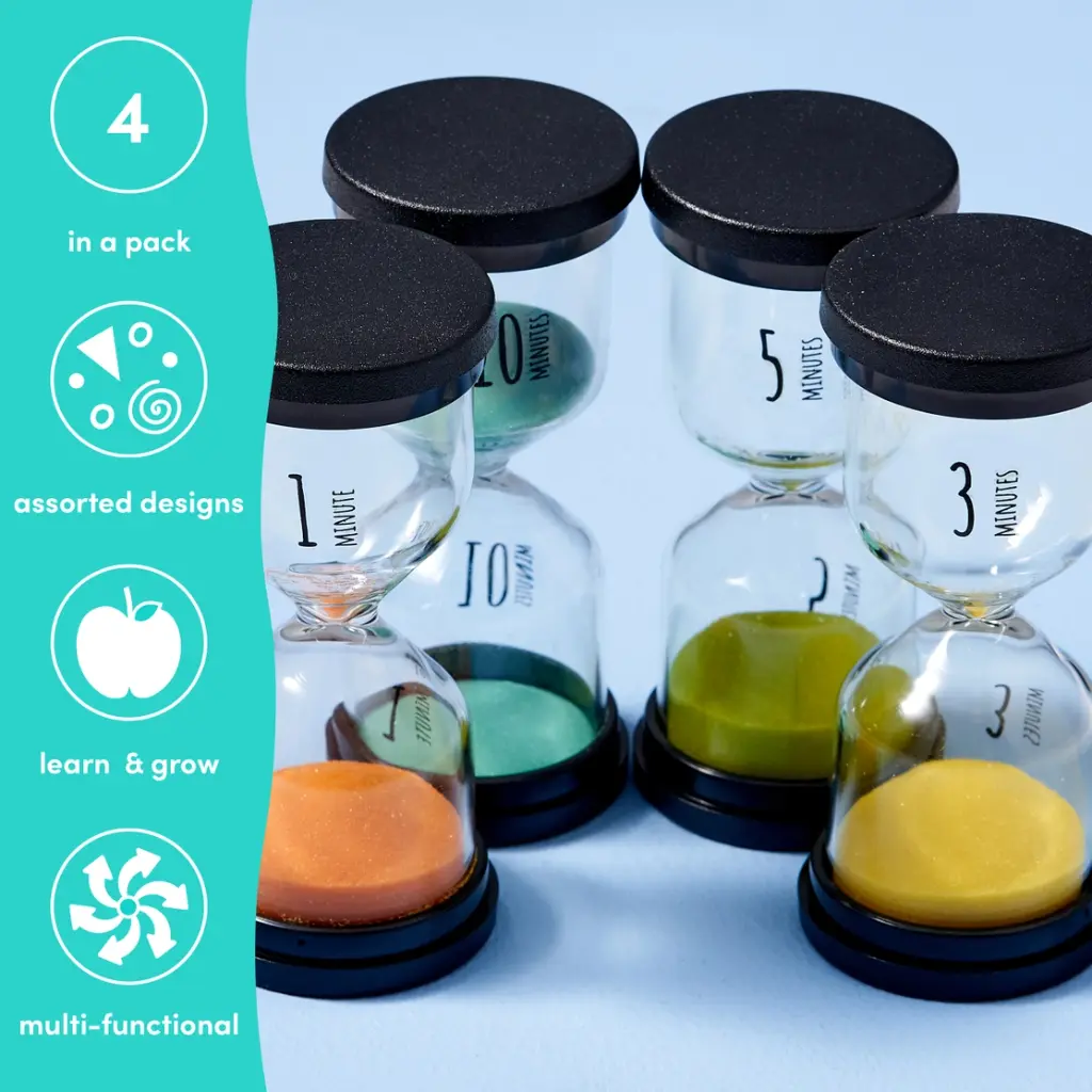 Pack de 4 minuteries sabliers de 1 à 10 minutes couleurs différentes.webp
