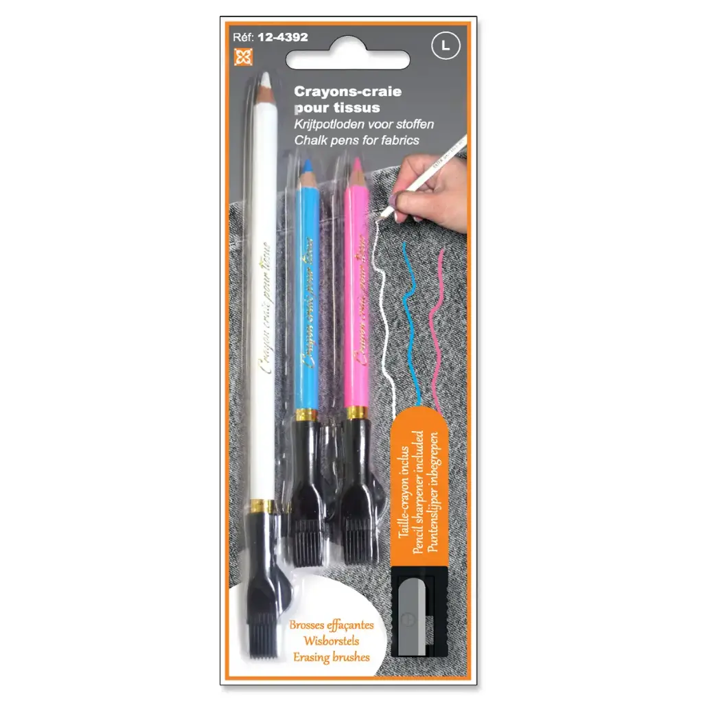 Pack de 3 crayons craie pour tissus avec brosse + taille-crayon