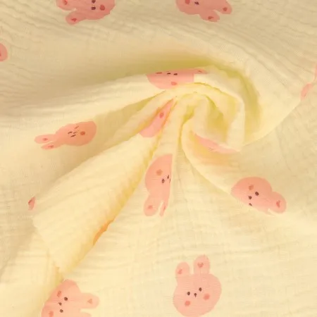 Double gaze motif Lapin rose sur fond blanc