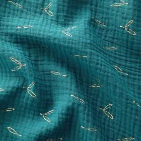 Double gaze vert émeraude feuilles dorées | Oeko - Tex | Domotex
