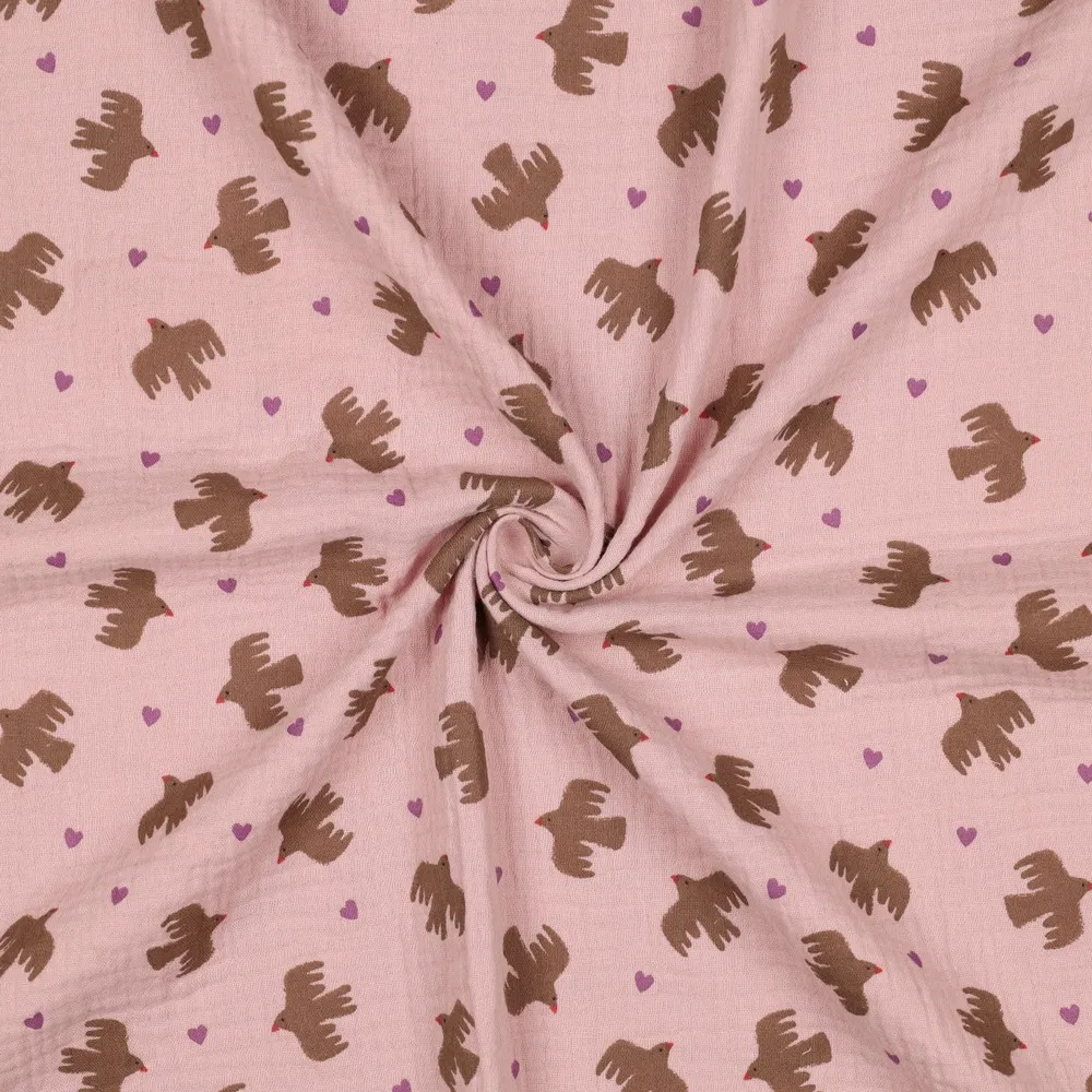 Double gaze GOTS motif Oiseaux Rose tendre | Oeko - Tex |