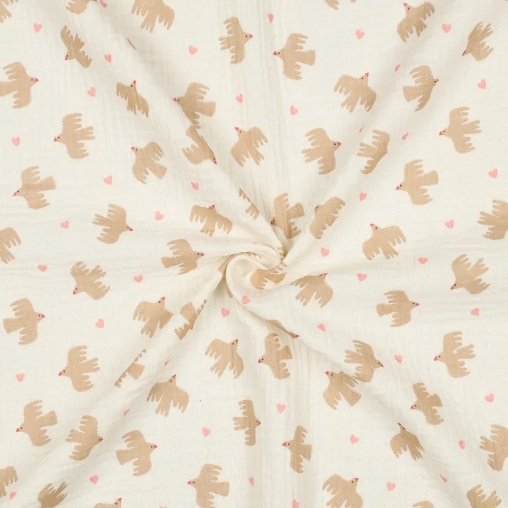 Double gaze GOTS motif Oiseaux Naturel | Oeko - Tex |